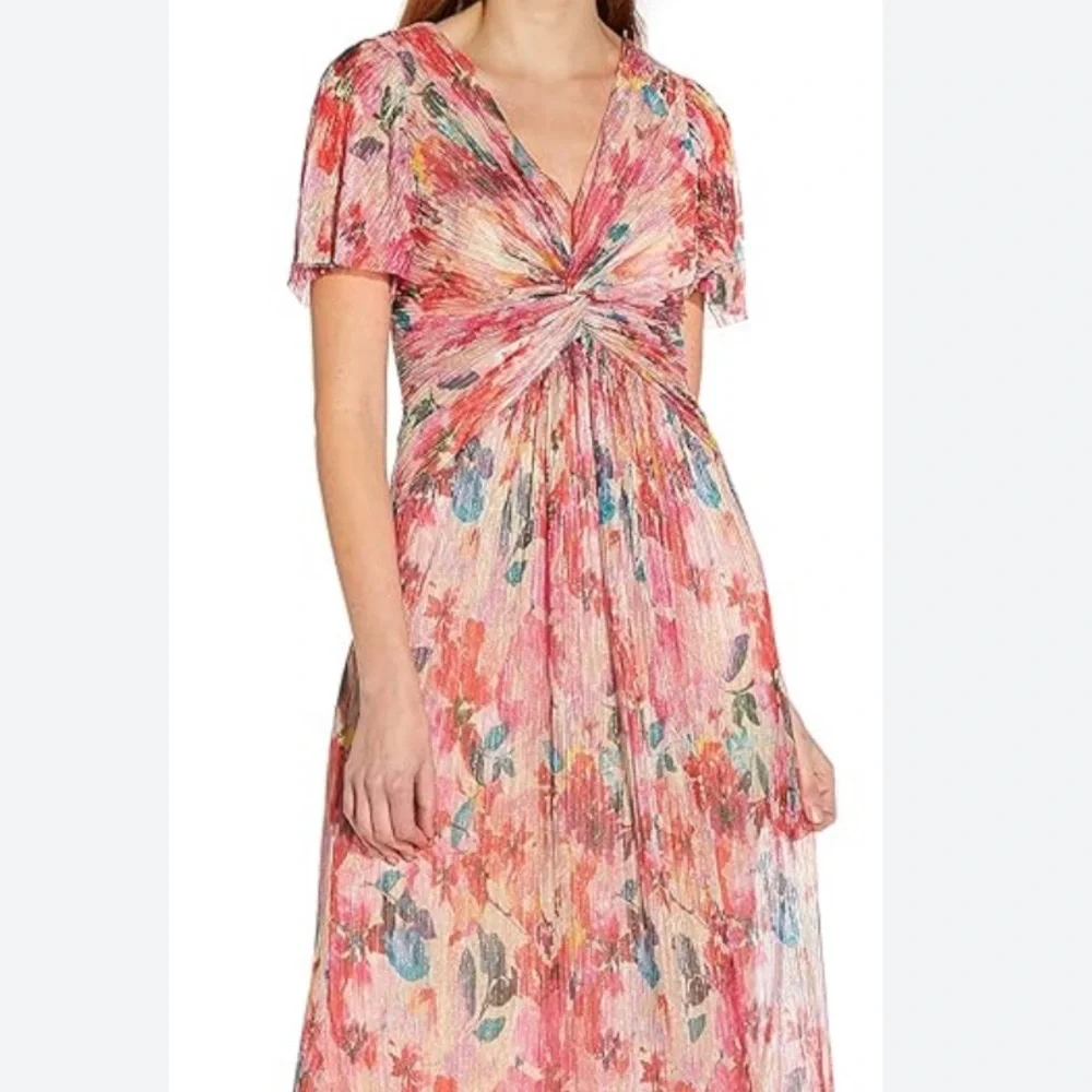 Adrianna Papell Floral Metallic Pleated Twist Front Hi Low Flutter Sleeve Gown 4